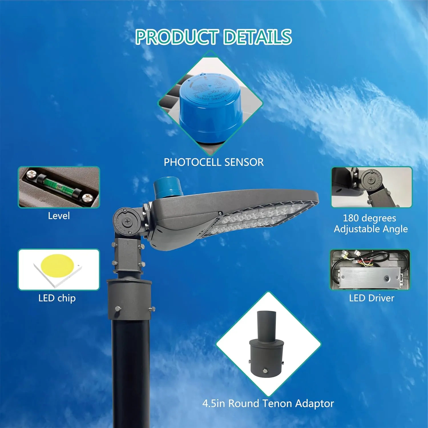 1 Pack Round Tenon Adaptor Bracket and 1 Pack 200W LED Parking Lot Light 5000K LED Parking Lot Lights with Photocell Slip Fitter 24000lm Shoebox Pole Lighting for Street Area Stadium (ZJ008 LD182)