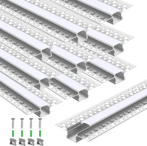 10 Pack 6.6ft/ 2 Meter Plaster-in LED Channel Trimless Diffuser Channel Recessed Drywall Aluminum LED Profile with End Caps for Wall Drywall Ceiling (0.49 Inch Wide)