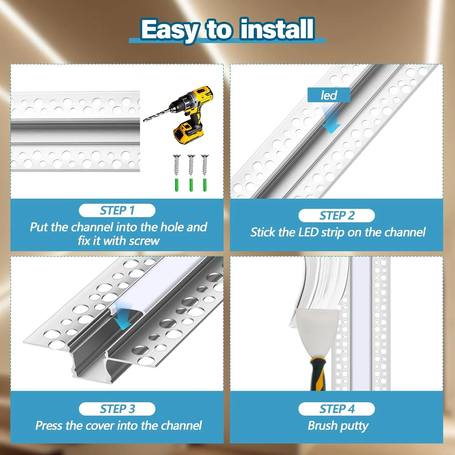 10 Pack 6.6ft/ 2 Meter Plaster-in LED Channel Trimless Diffuser Channel Recessed Drywall Aluminum LED Profile with End Caps for Wall Drywall Ceiling (0.49 Inch Wide)