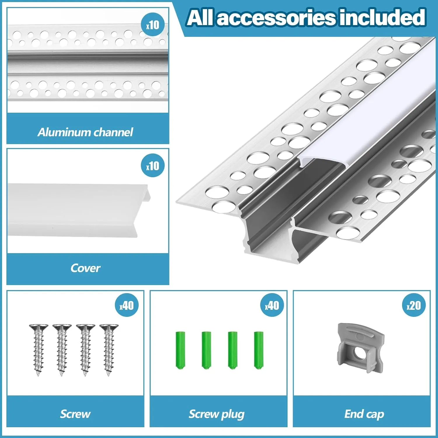 10 Pack 6.6ft/ 2 Meter Plaster-in LED Channel Trimless Diffuser Channel Recessed Drywall Aluminum LED Profile with End Caps for Wall Drywall Ceiling (0.49 Inch Wide)