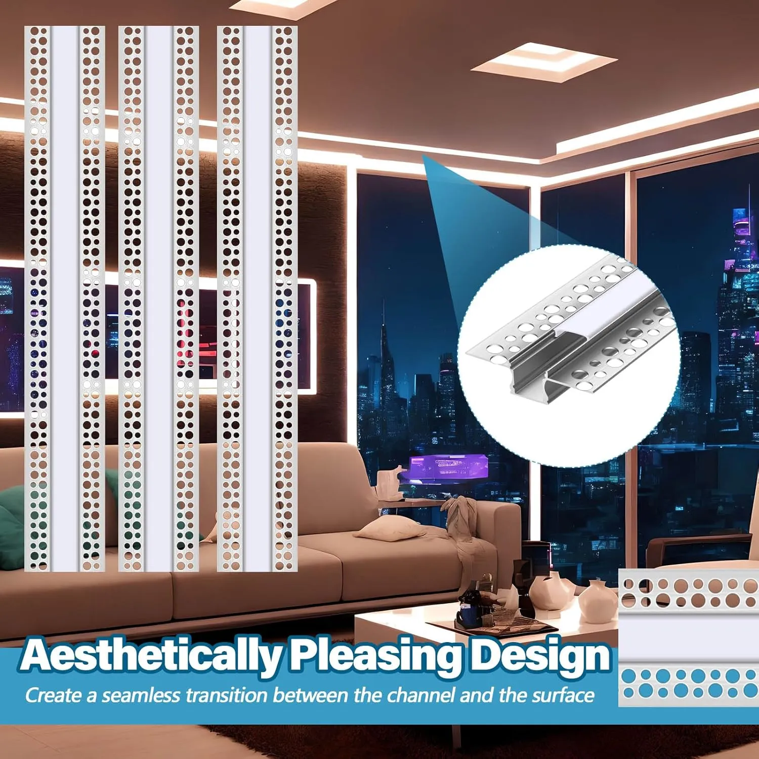 10 Pack 6.6ft/ 2 Meter Plaster-in LED Channel Trimless Diffuser Channel Recessed Drywall Aluminum LED Profile with End Caps for Wall Drywall Ceiling (0.49 Inch Wide)