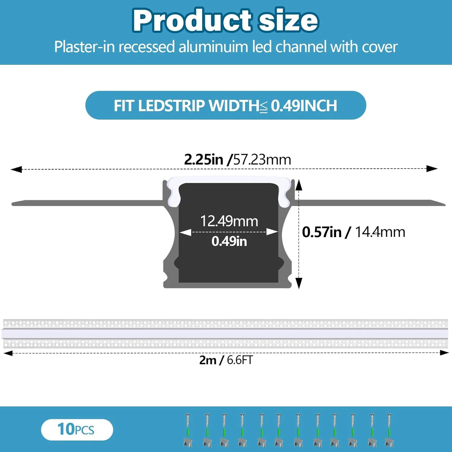 10 Pack 6.6ft/ 2 Meter Plaster-in LED Channel Trimless Diffuser Channel Recessed Drywall Aluminum LED Profile with End Caps for Wall Drywall Ceiling (0.49 Inch Wide)