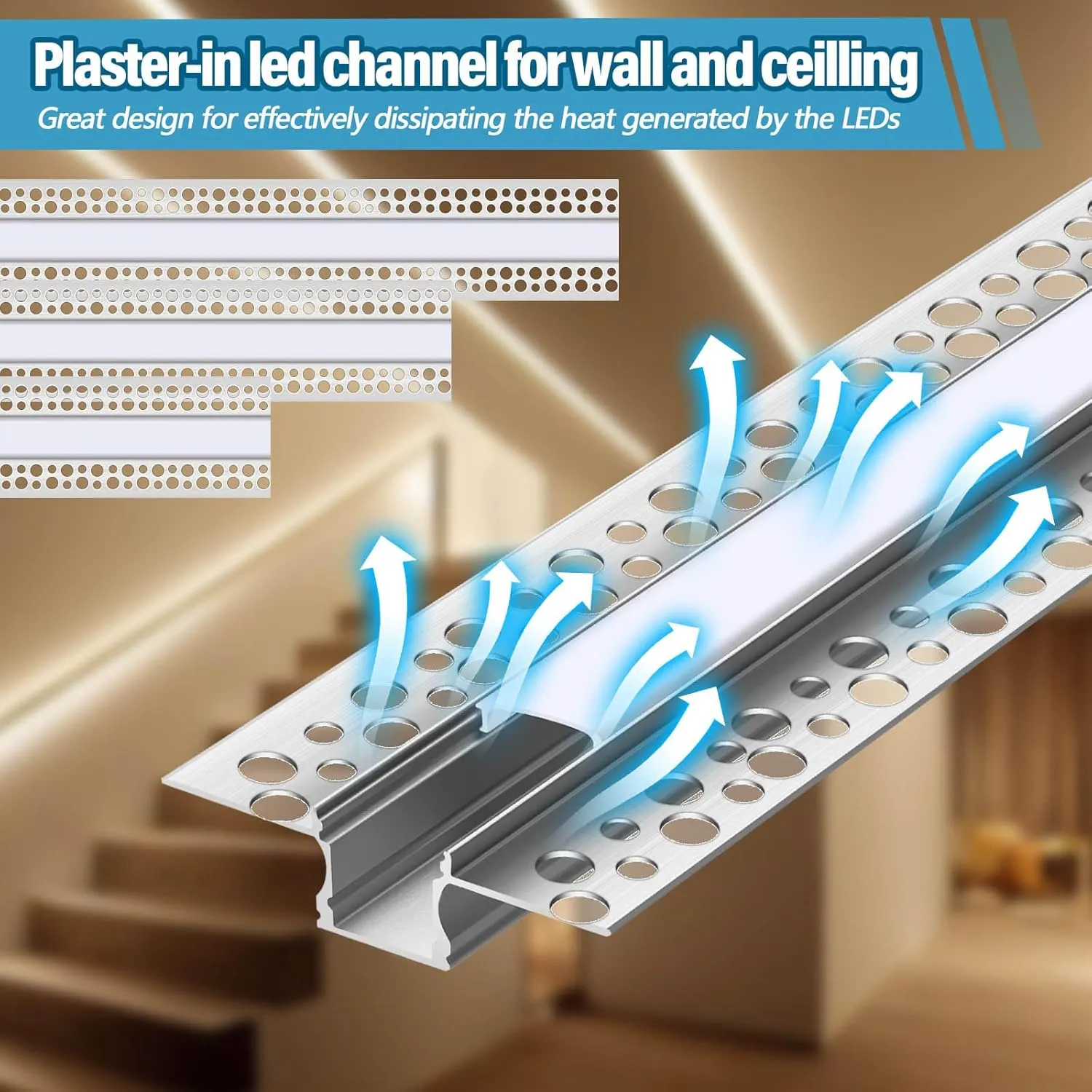 10 Pack 6.6ft/ 2 Meter Plaster-in LED Channel Trimless Diffuser Channel Recessed Drywall Aluminum LED Profile with End Caps for Wall Drywall Ceiling (0.49 Inch Wide)