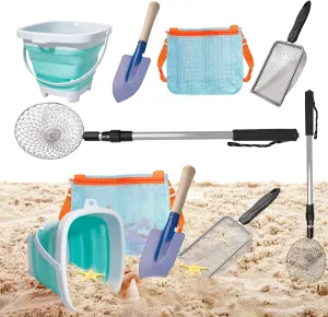 10 Pack Beach Toys Set Adjustable Extra Long Sand Sifter Mesh Shovel Mesh Beach Bag for Kids Foldable Beach Bucket Beach Shovel Sand Toys for Shells Collecting Shark Tooth Beach Toys