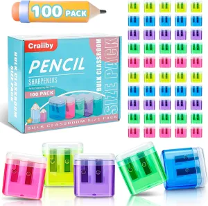 100 Pack Pencil Sharpeners Bulk - Colored Handheld Pencil Crayon Double Hole Sharpener, School Classroom Supplies