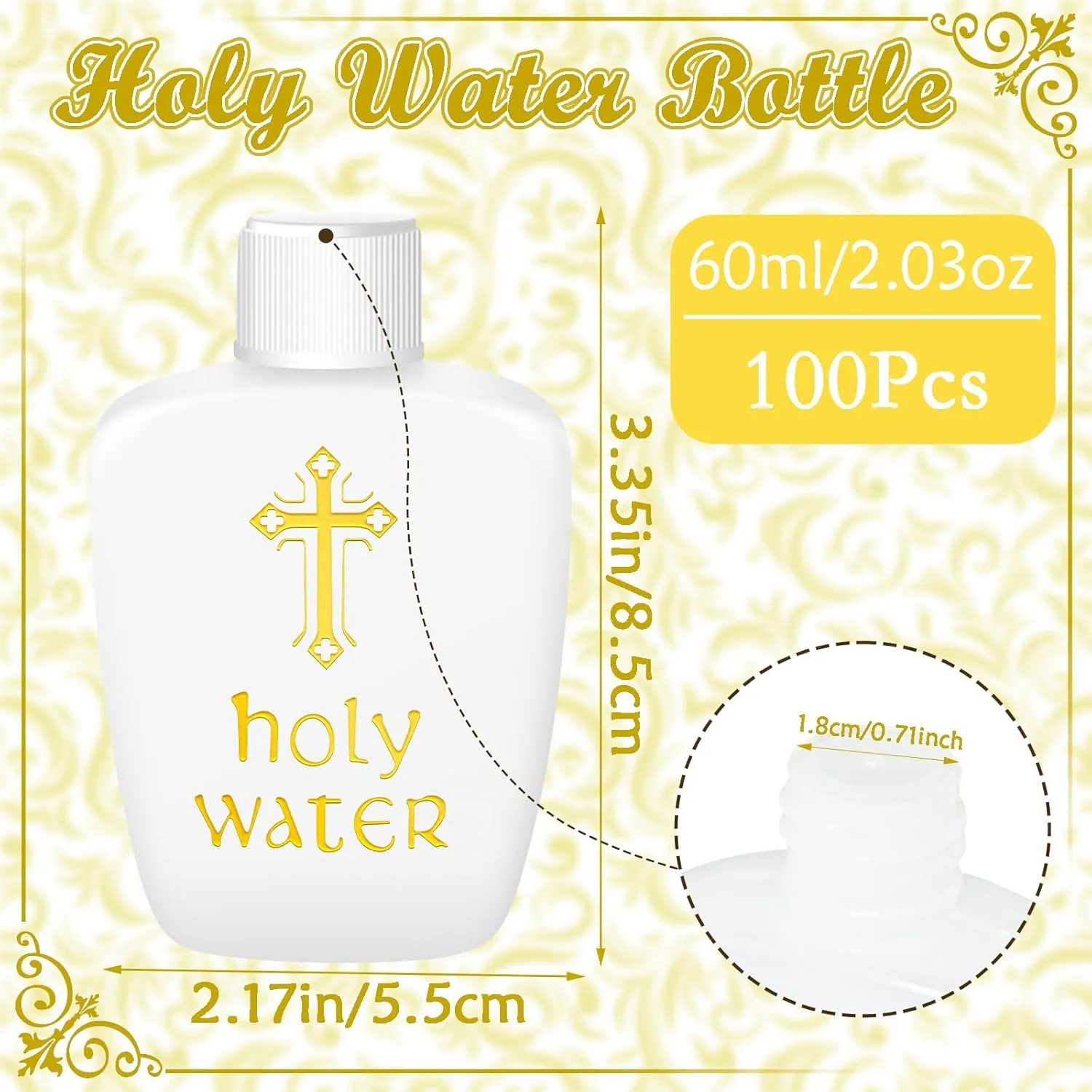 100 Pcs Holy Water Bottles Plastic 2oz Holy Water Container Empty Containers with Gold Cross for Catholic Christian Halloween First Communion Gift Thanksgiving Baptism Party Church 60ml