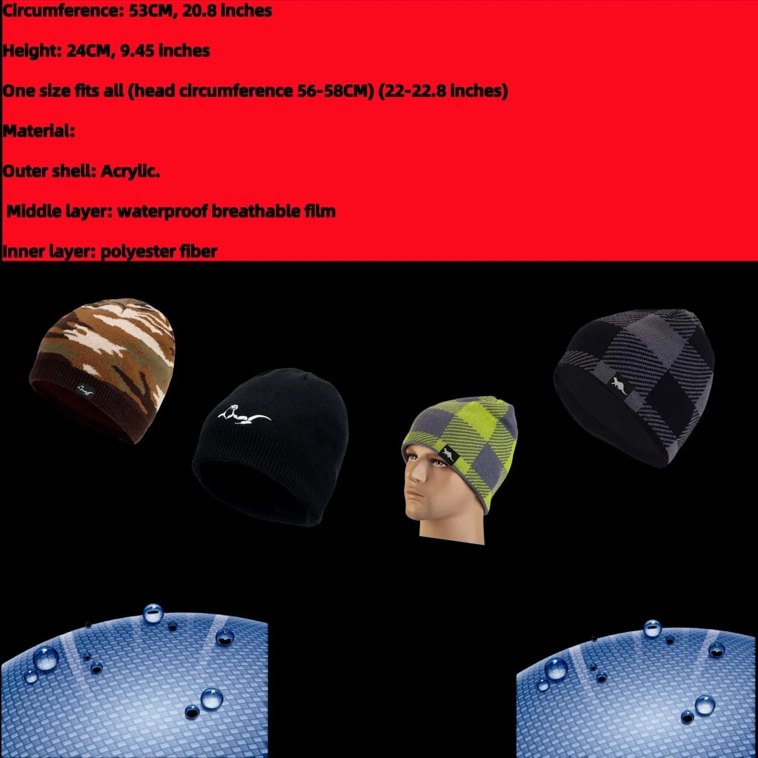 100% Waterproof, Windproof, Breathable - Beanie Hat Suitable for All Activities in All Weather Conditions Hat