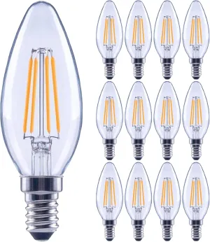 (12 Pack) 60-Watt Equivalent LED E12 Candelabra Base B11 Dimmable Clear Filament Vintage Style Light Bulb 2700K Warm White Decorative 60W LED Chandelier Ceiling Fan Bulbs.