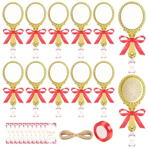 12 Set Vintage Handheld Mirror with Handle, Embossed Flower Portable Princess Mirror with Ribbon and Thank You Tags Compact Hand Travel Mirror for Wedding Classroom Kids Princess Party Favors