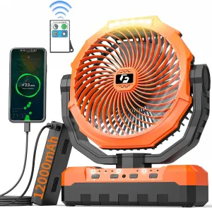 12000mAh Camping Fan - 9-Inch Detachable Rechargeable Battery Operated Fan with Light & Hook for Tent, Outdoor - USB Table Fan with 4 Speeds for Picnic, BBQ, Fishing, Travel, Hurricane