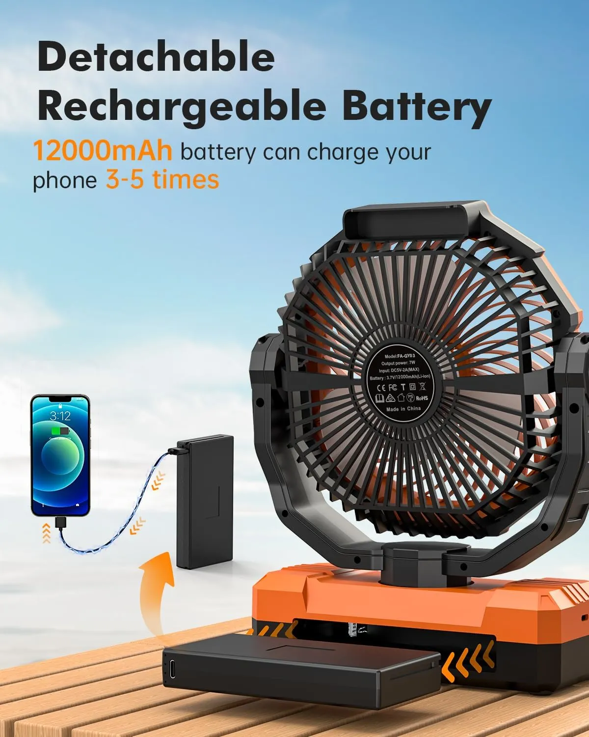 12000mAh Camping Fan - 9-Inch Detachable Rechargeable Battery Operated Fan with Light & Hook for Tent, Outdoor - USB Table Fan with 4 Speeds for Picnic, BBQ, Fishing, Travel, Hurricane