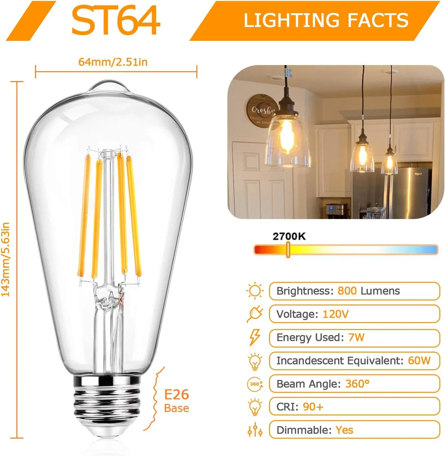 12Packs ST64 Large Vintage LED Edison Bulbs, 60W Equivalent 7W, 800Lumens, Dimmable Antique LED Filament, 2700K Warm White, E26 Medium Base Light Bulbs High Brightness Clear Glass for Bedroom Office