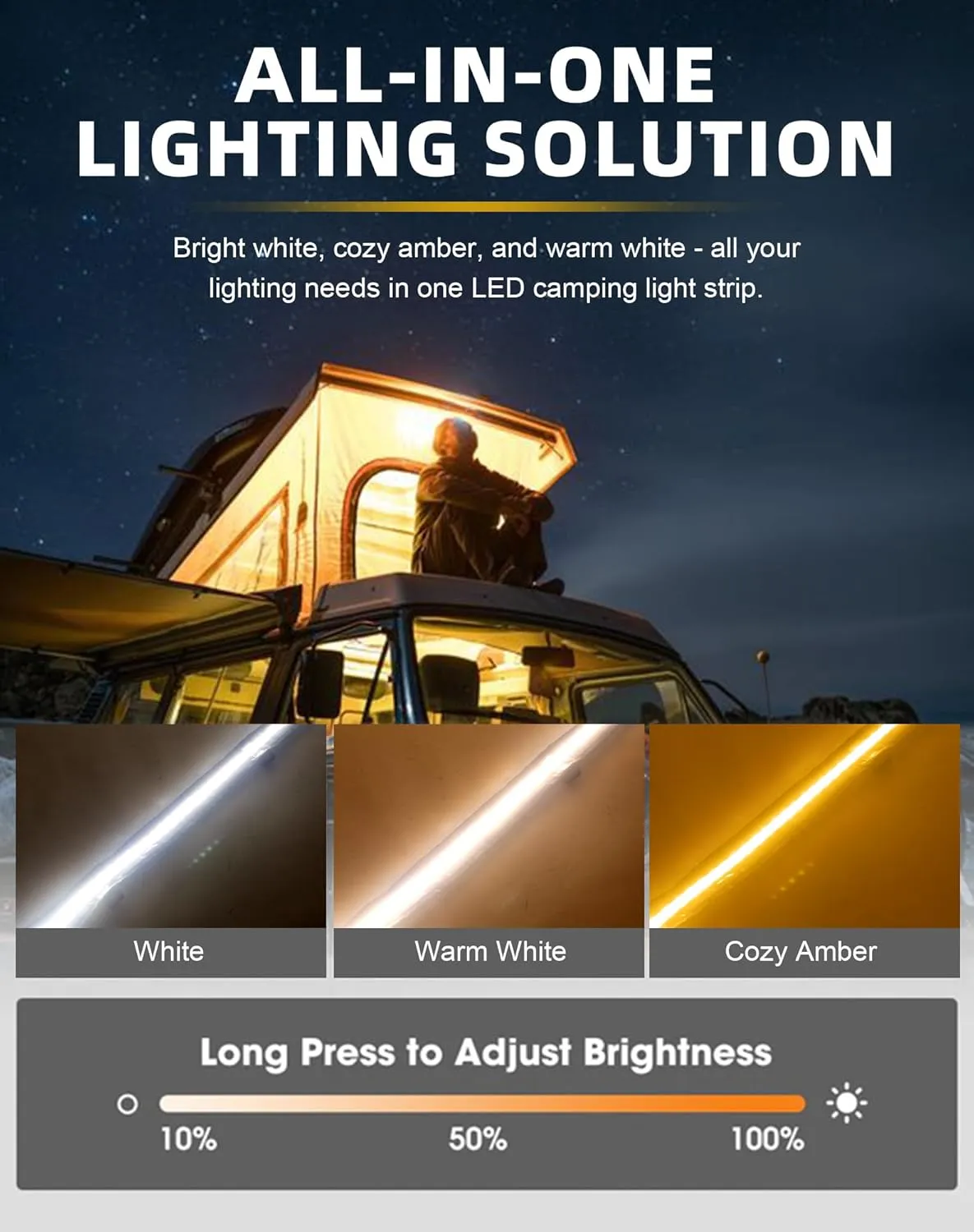 12V 4ft Led Light Strip Dimmable Camping Awning Light with 140 SMD 2835 LED Chips, Rv Accessories Waterproof IP67 Multi-Functional Use for Car Tent, Camper Motorhome White/Amber