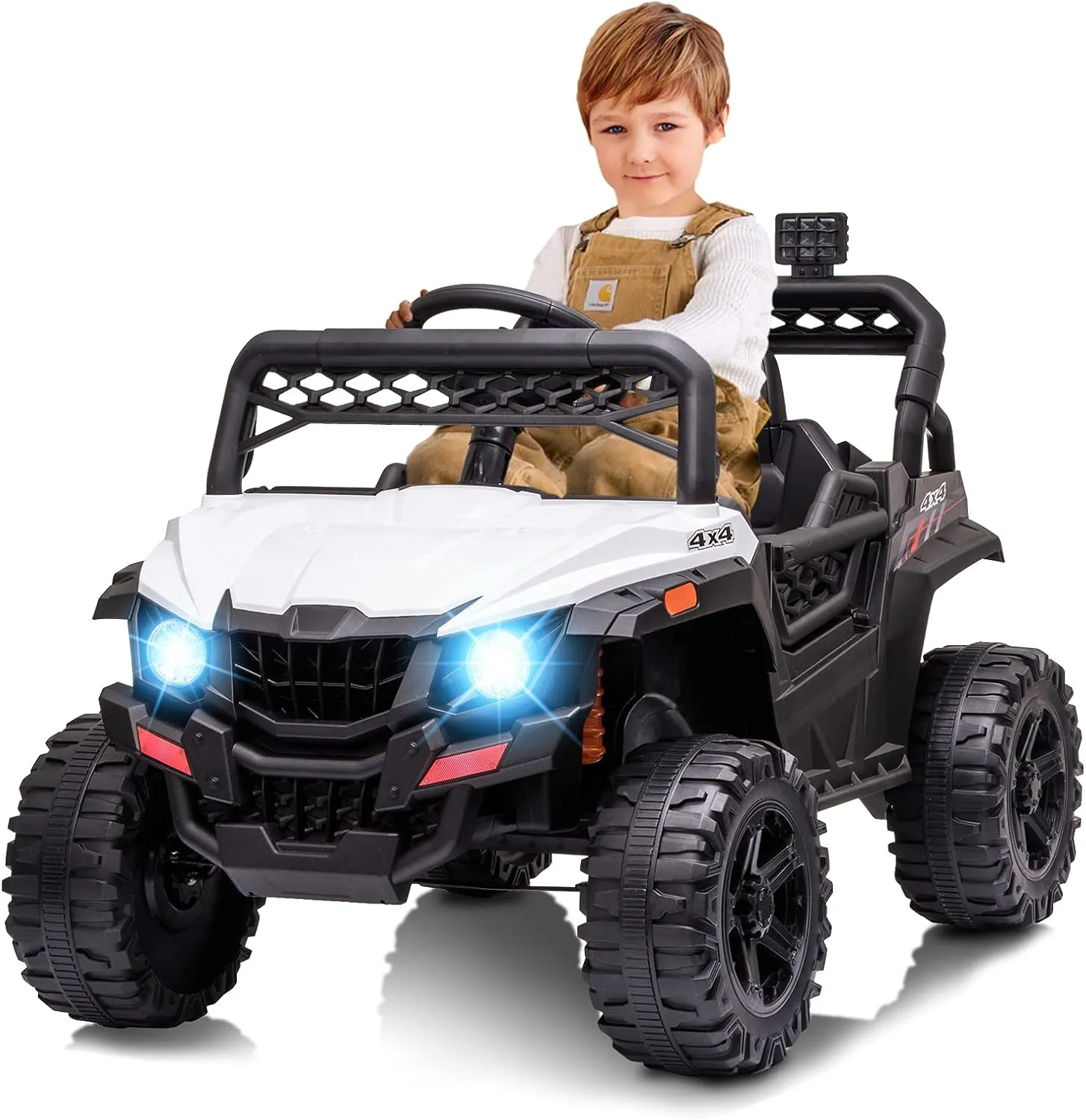 12V Kids Ride On Car Truck w/Parent Remote Control, Spring Suspension, LED Lights, AUX Port, Music (White, no Tent)