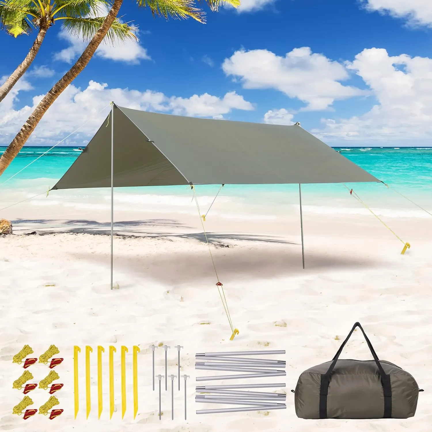 13.1X9.2FT Tarp with 2 Poles, Waterproof Camping Tarp Awning, Camping Tarp Sun Shelter, Outdoor Waterproof Hammock Tent Tarp Shelter for Outdoor Adventures, Beach, Camping, Hiking
