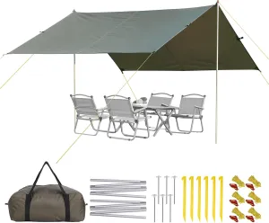 13.1X9.2FT Tarp with 2 Poles, Waterproof Camping Tarp Awning, Camping Tarp Sun Shelter, Outdoor Waterproof Hammock Tent Tarp Shelter for Outdoor Adventures, Beach, Camping, Hiking