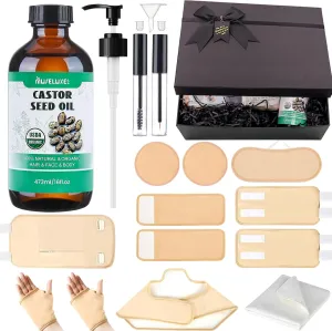 14 Pcs Castor Oil Pack Wrap，Organic Cold Pressed Unrefined Glass Bottle(16oz/473ml),Reusable Organic Cotton Pads for Entire Body - Lashes & Eyebrows,Shoulder,Neck,Stomach,Hand,Knee,Foot,Women