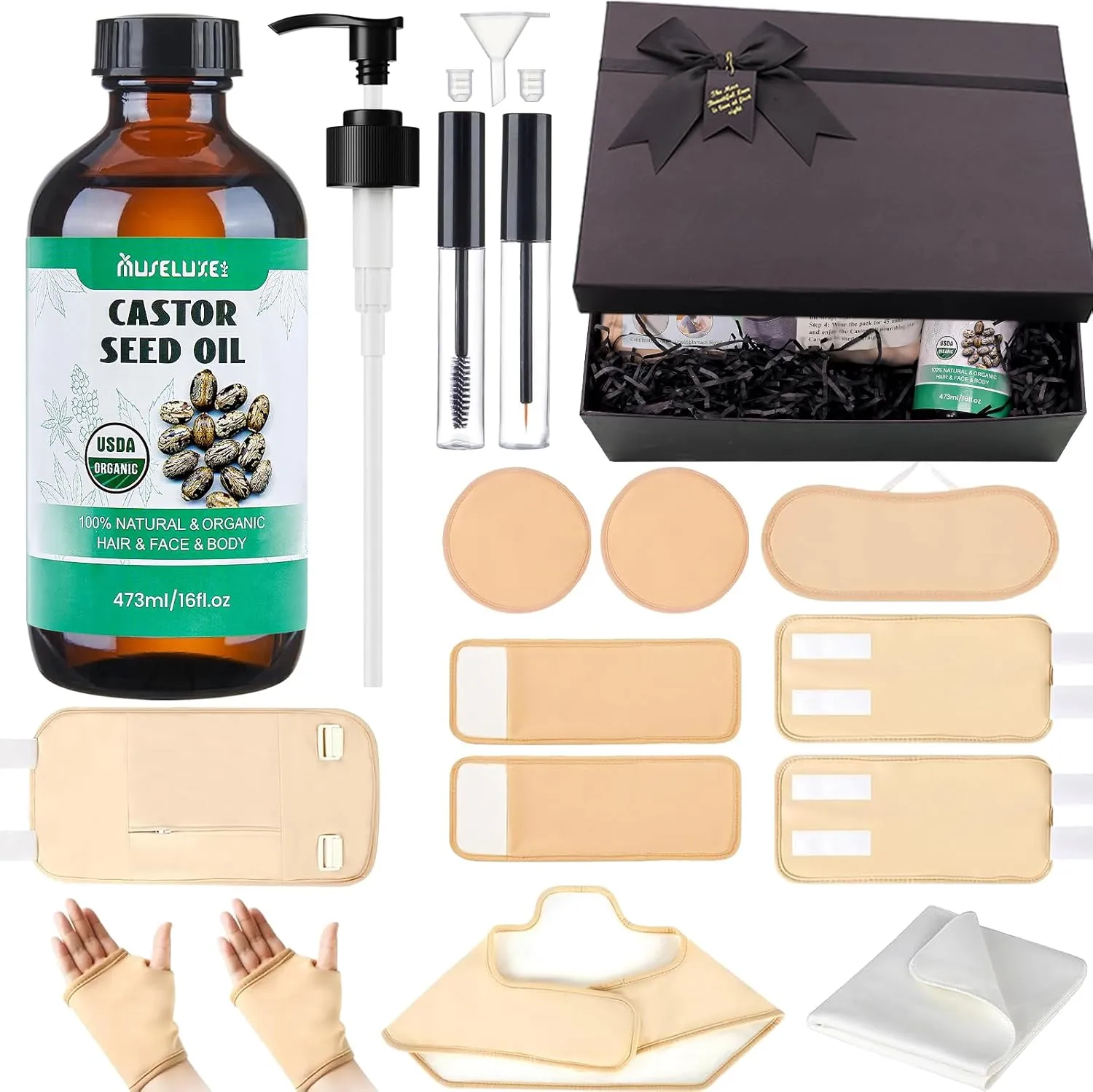 14 Pcs Castor Oil Pack Wrap，Organic Cold Pressed Unrefined Glass Bottle(16oz/473ml),Reusable Organic Cotton Pads for Entire Body - Lashes & Eyebrows,Shoulder,Neck,Stomach,Hand,Knee,Foot,Women