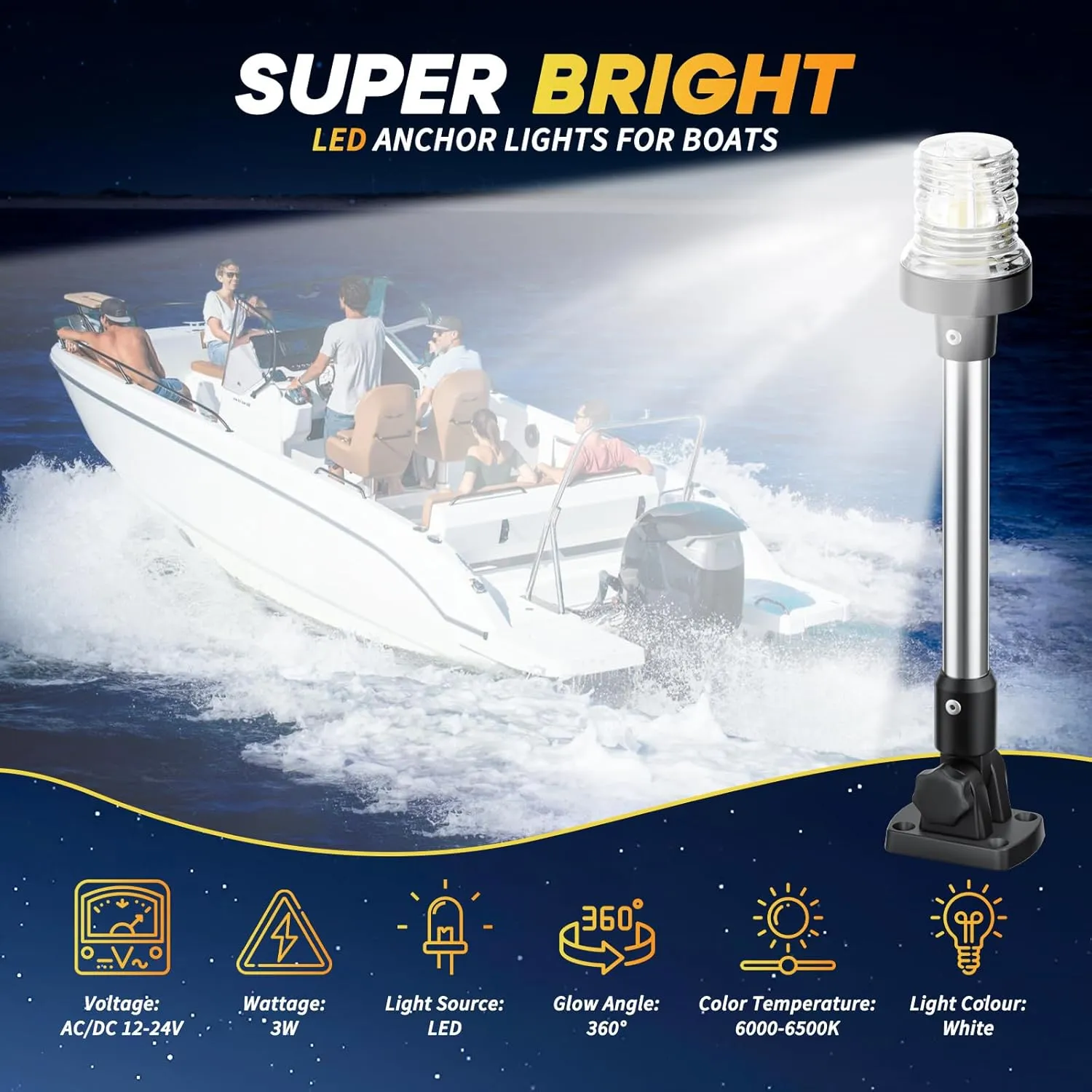 18 Inches Boat Stern Light Anchor Light LED Marine, Waterproof IP67 Fold Down White Back Boat Navigation Lights for Pontoon, Jon Boats, Bass Boat (12-24V)