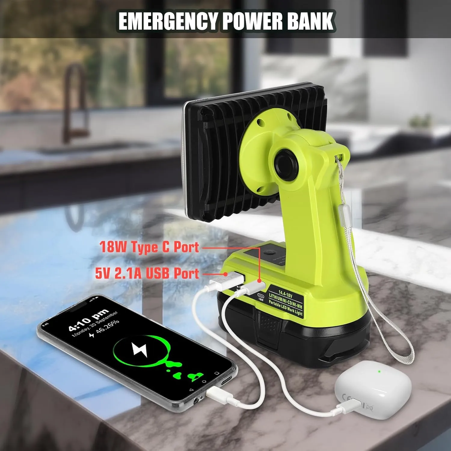 18V Light Compatible with Ryobi 18V Battery,18W 2000LM Spotlight with USB Port, Zinc Alloy 110 Degree Pivoting Head, Led Work Light Floodlight Spotlight