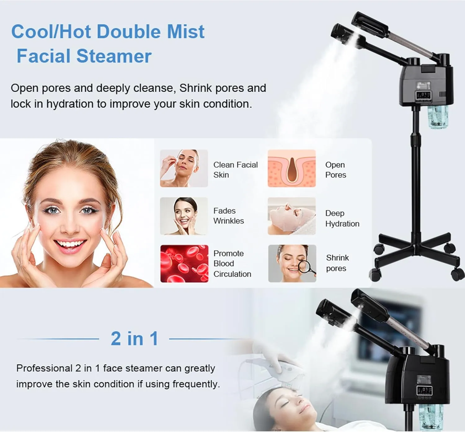 2-in-1 Facial Steamer with Ozone - Hot & Cold Nano Ionic Face Steamer for Deep Pore Cleansing, Moisturizing & Detoxifying - Digital Home Spa Beauty Tool for Salon-Quality Skin Care Button