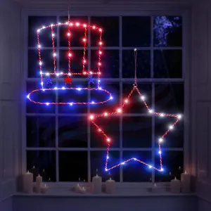 2 Pack 4th/Fourth of July Decorations Window Silhouette Lights - Patriotic Red White Blue Lighted Uncle-Sam Top Hat   Star, Memorial Day Party Decor Supplies with Timer (Batteries Not Included)