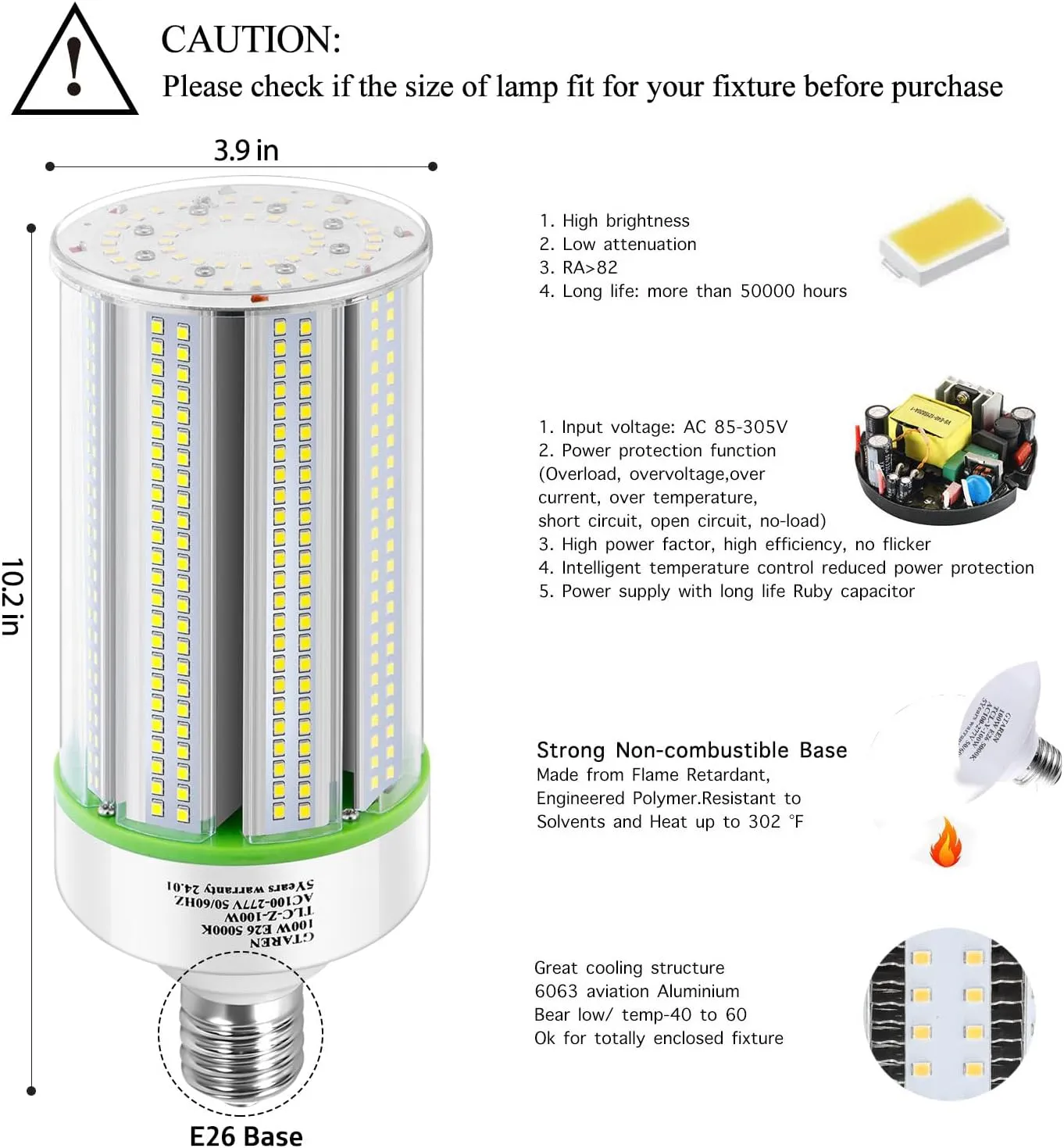 2-Pack 50W Corn LED Light Bulb, E26/E39 Base, 120-277V 5000K, Replaces HID/HPS/CFL/Metal Halide, Indoor/Outdoor
