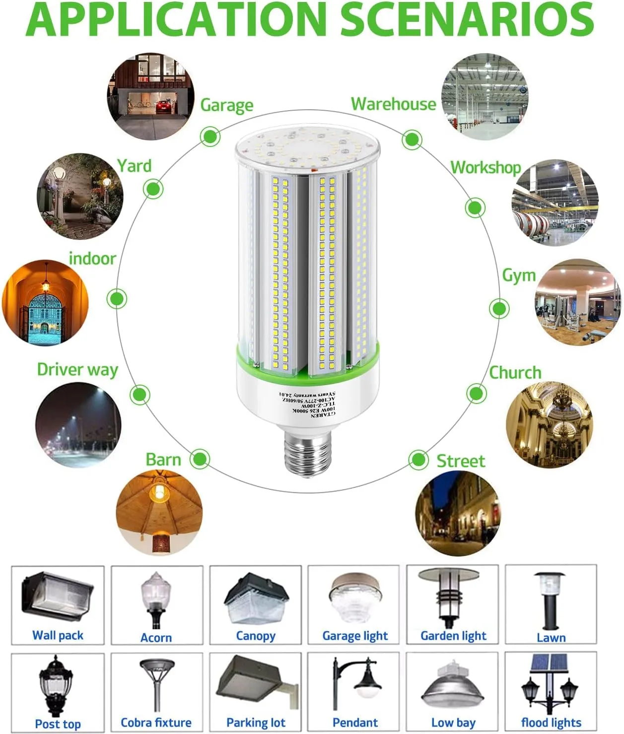 2-Pack 50W Corn LED Light Bulb, E26/E39 Base, 120-277V 5000K, Replaces HID/HPS/CFL/Metal Halide, Indoor/Outdoor