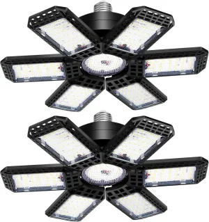 2 Pack Garage Light, 200W 20000LM 6500K LED Shop Lights, Garage Lights Ceiling Led with 6 1 Deformable Panels, Screw in E26/E27 Socket Bulb for Warehouse, Workshop, Basement, Barn Lighting