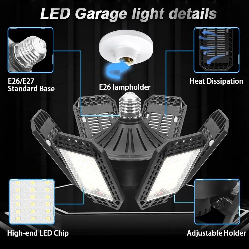 2 Pack Garage Light, 200W 20000LM 6500K LED Shop Lights, Garage Lights Ceiling Led with 6 1 Deformable Panels, Screw in E26/E27 Socket Bulb for Warehouse, Workshop, Basement, Barn Lighting