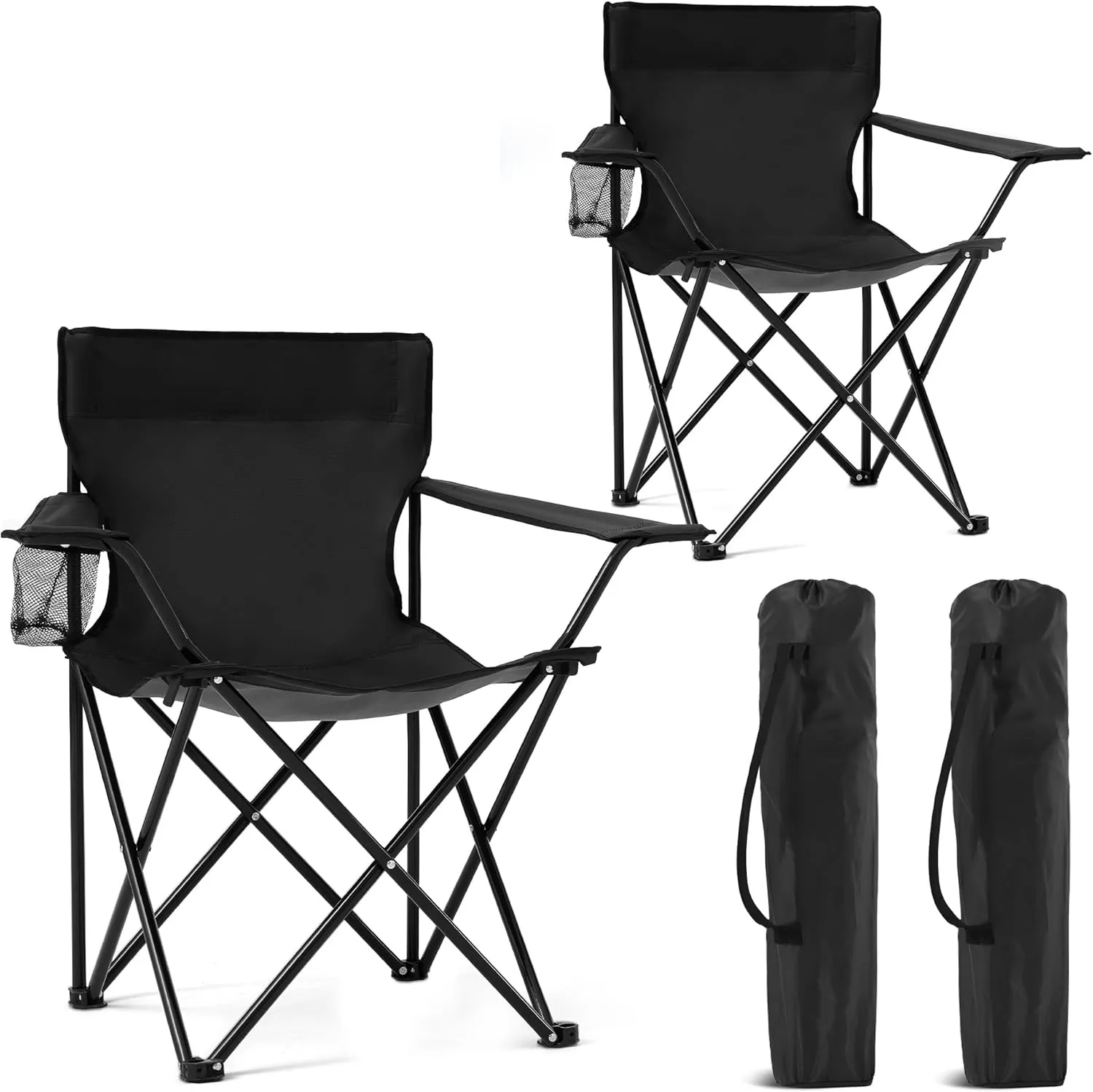 2 Pack Portable Camping Chairs Folding Lawn Chair Outdoor Lightweight Beach Chair with Cup Holder & Carry Bag for Outside Sports, Fishing, Hiking, Travel, Picnic, Backyard (Black)