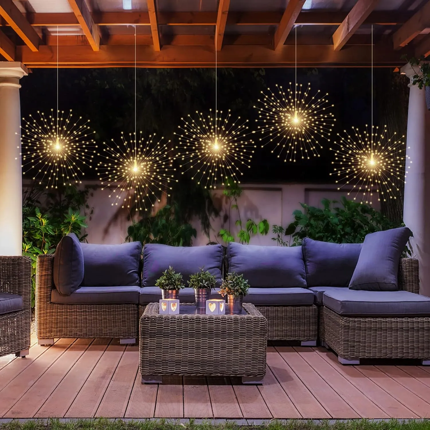 2 Pack Starburst Sphere Lights,200 LLED Firework Lights, 8 Modes Dimmable Remote Control Waterproof Hanging Fairy Light, Copper Wire Lights for Patio Parties Christmas (Battery Operated)