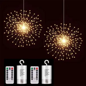 2 Pack Starburst Sphere Lights,200 LLED Firework Lights, 8 Modes Dimmable Remote Control Waterproof Hanging Fairy Light, Copper Wire Lights for Patio Parties Christmas (Battery Operated)