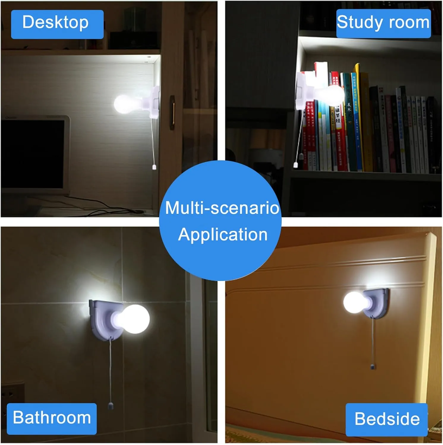 2 Pack Stick-Up Battery Operated Light Bulb, Battery Powered Wireless LED Closet Light Bulb, Self Adhesive Wall Mounted Light Fixture with Pull Chain for Cabinet Bedroom Living Room Kitchen