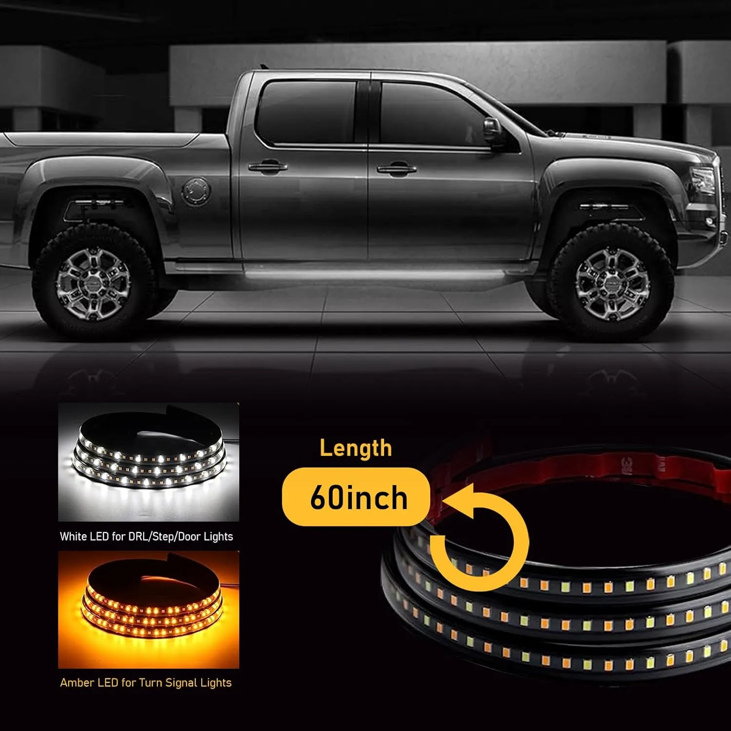 2 PCS Car LED Running Board Light, Emergency Extended Side Marker Light, 20W PVC Waterproof Turn Signal Light, Universal Flexible Turn Signal Light Bar for Pickup Trucks (White & Yellow #60In)