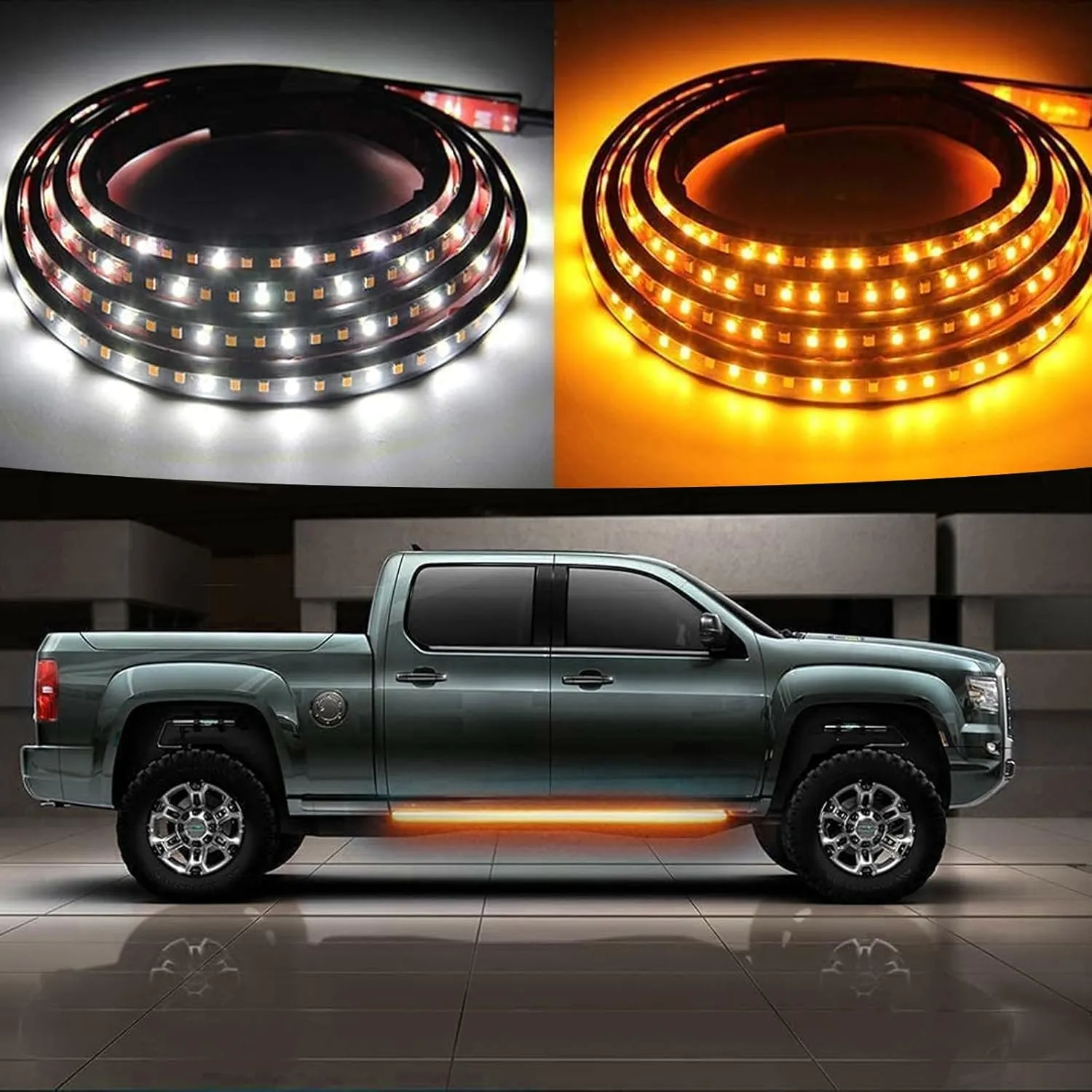 2 PCS Car LED Running Board Light, Emergency Extended Side Marker Light, 20W PVC Waterproof Turn Signal Light, Universal Flexible Turn Signal Light Bar for Pickup Trucks (White & Yellow #60In)