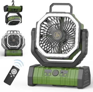 20000mAh Portable Camping Fan Rechargeable with LED Light, Hook, Battery Powered, 4-Speeds, Timer, Remote Control, USB for Travel, Tent, Room, Car, Picnic, Bed, Emergency, Fishing, BBQ - Green