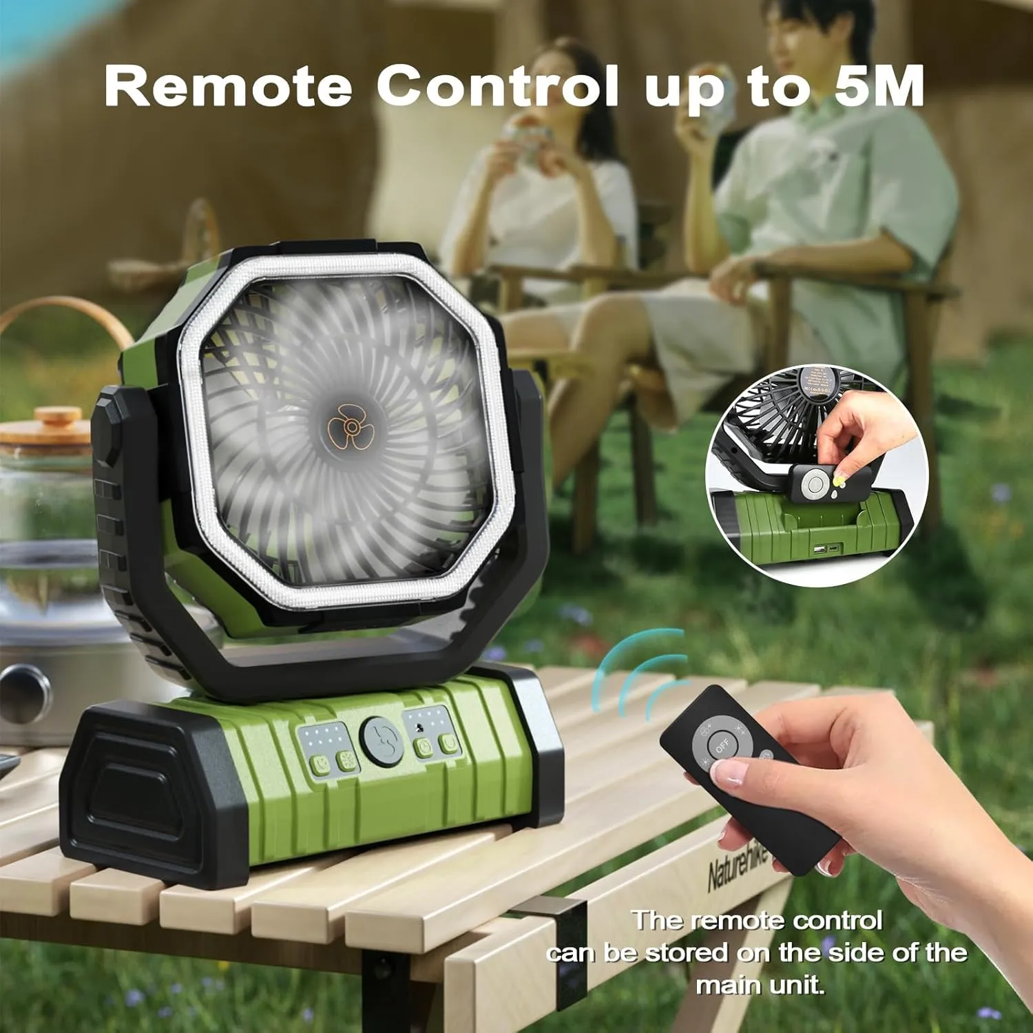 20000mAh Portable Camping Fan Rechargeable with LED Light, Hook, Battery Powered, 4-Speeds, Timer, Remote Control, USB for Travel, Tent, Room, Car, Picnic, Bed, Emergency, Fishing, BBQ - Green