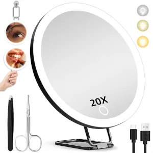 20X Magnifying Mirror with Lights, 6inch Makeup Magnified Mirror 20X Lighted Travel Magnification with 3 Suction Cups and 360° Adjustable Bracket- Includes Tweezers & Scissors
