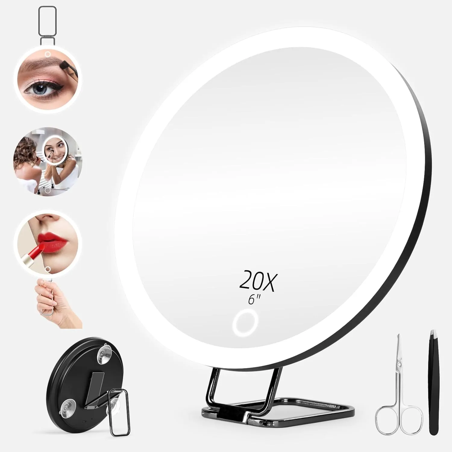 20X Magnifying Mirror with Lights, 6inch Makeup Magnified Mirror 20X Lighted Travel Magnification with 3 Suction Cups and 360° Adjustable Bracket- Includes Tweezers & Scissors
