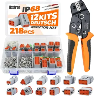 218PCS 12 Kits DT Deutsch Connector Kit with Ratcheting Wire Crimper, 2/3/4/6/8/12 Pin IP68 Waterproof Automotive Electrical Connectors, Size 16 Stamped Contacts for Car Truck Boat Motorcycle