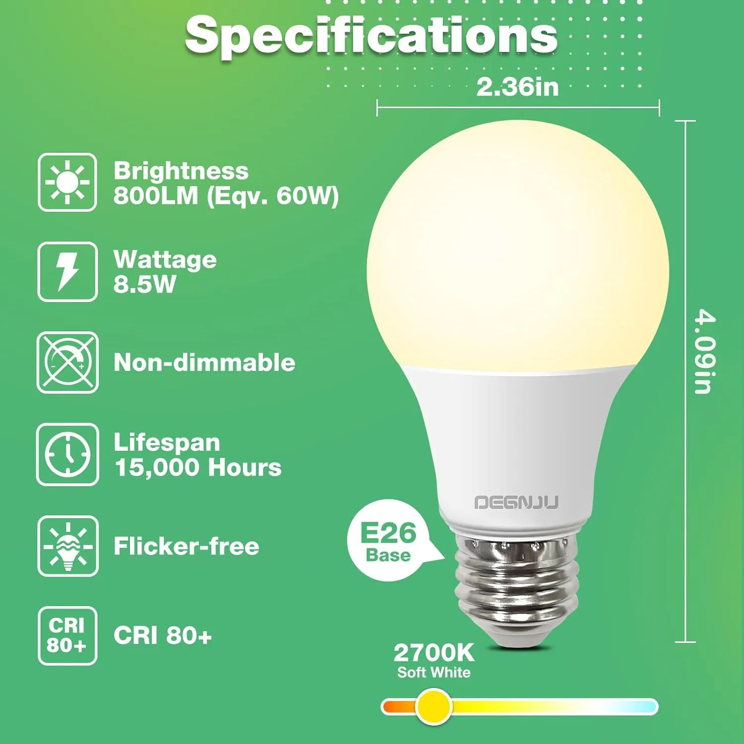 24 Pack LED Light Bulbs Soft White 2700K, 60 Watt Equivalent LED Bulbs, A19 Standard Bulbs, 800 LM, 15000 Hours, E26 Base, Non-Dimmable, 8.5W White LED Bulbs for Bedroom Living Room