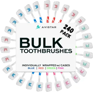 240 Pack Bulk Toothbrushes w/Cover Caps, Individually Wrapped Disposable Travel Toothbrush, Value Size, Long Lasting 3  Months, Med-Soft Manual Teeth Brush Bristles, 4 Colors (Red Green Blue Pink)