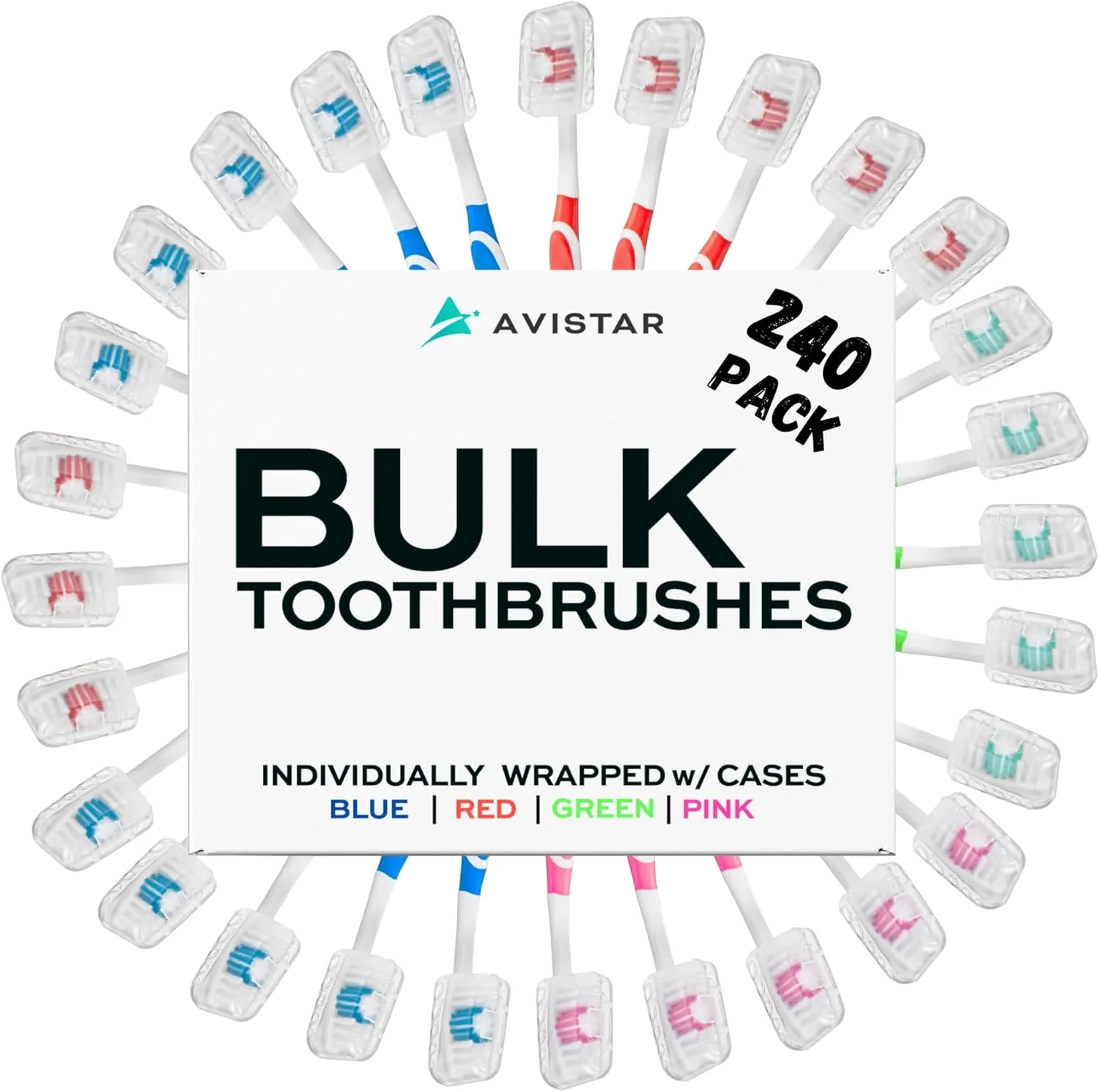 240 Pack Bulk Toothbrushes w/Cover Caps, Individually Wrapped Disposable Travel Toothbrush, Value Size, Long Lasting 3  Months, Med-Soft Manual Teeth Brush Bristles, 4 Colors (Red Green Blue Pink)