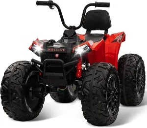 24V Kids ATV, Hetoy Ride on Car 4WD Quad Electric Vehicle, 4x80W Powerful Engine, with 7AHx2 Large Battery, Accelerator Handle, EVA Tire, Full Metal Suspension, LED Light, Bluetooth&Music, Red-Black