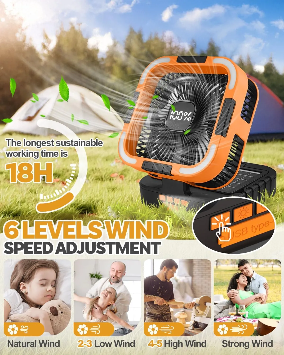25000mah Camping Solar Fan, 120° Oscillation Rechargeable Solar Powered Fan with LED Light, 6 Adjustable Speeds Battery Powered Portable Fans, USB-C Fans for Travel Tent Camping Accessories