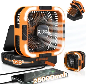25000mah Camping Solar Fan, 120° Oscillation Rechargeable Solar Powered Fan with LED Light, 6 Adjustable Speeds Battery Powered Portable Fans, USB-C Fans for Travel Tent Camping Accessories