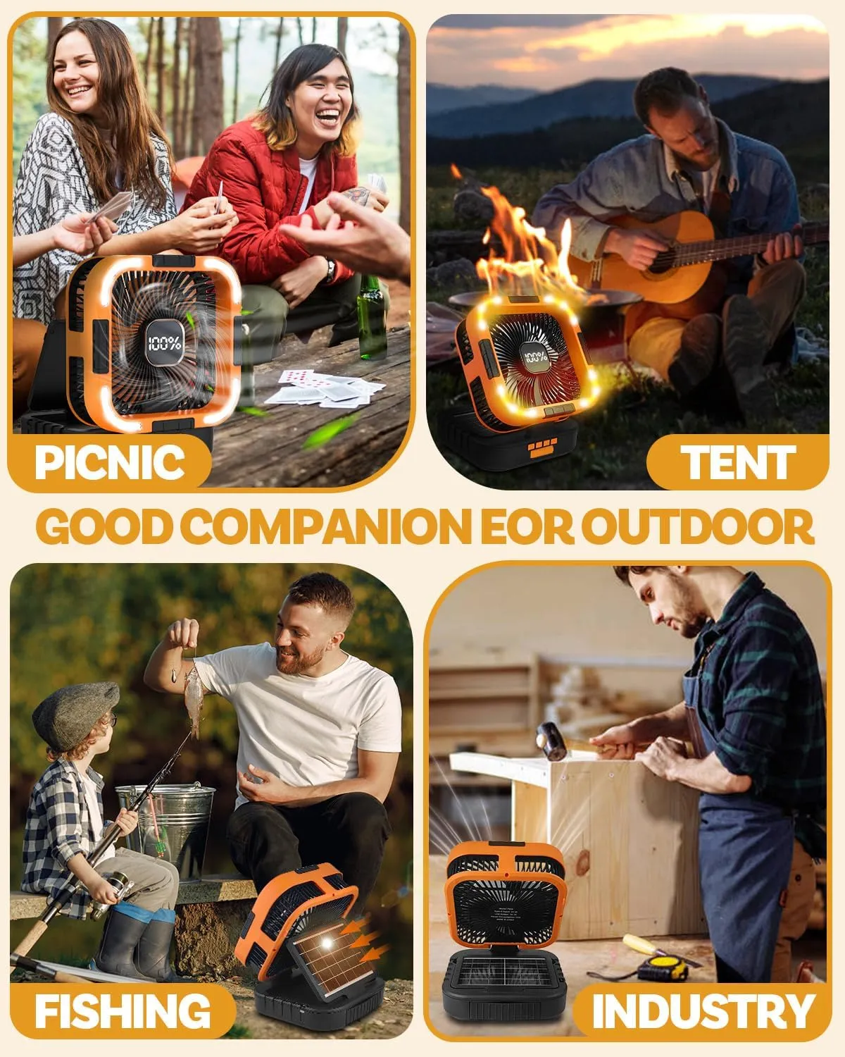 25000mah Camping Solar Fan, 120° Oscillation Rechargeable Solar Powered Fan with LED Light, 6 Adjustable Speeds Battery Powered Portable Fans, USB-C Fans for Travel Tent Camping Accessories