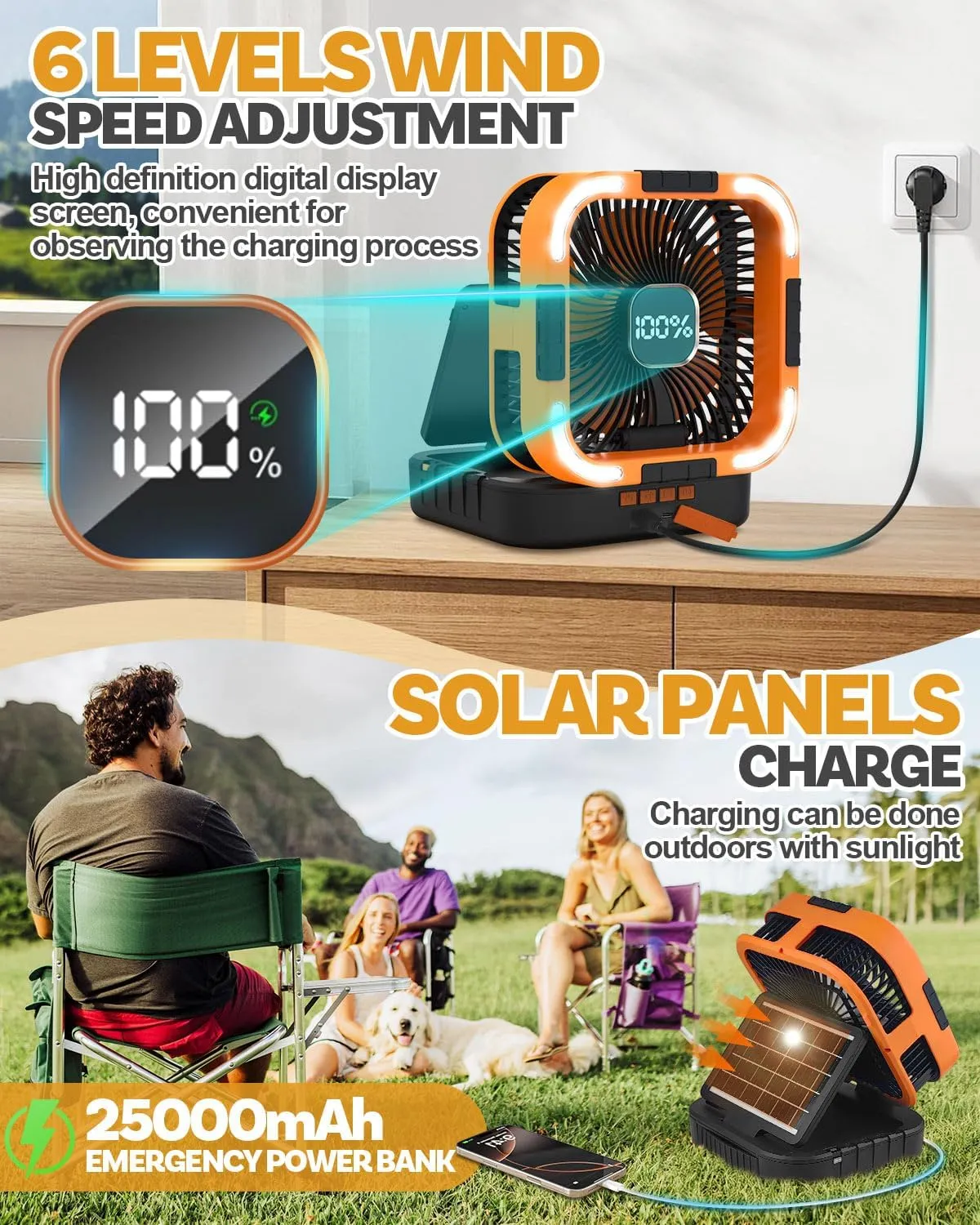 25000mah Camping Solar Fan, 120° Oscillation Rechargeable Solar Powered Fan with LED Light, 6 Adjustable Speeds Battery Powered Portable Fans, USB-C Fans for Travel Tent Camping Accessories
