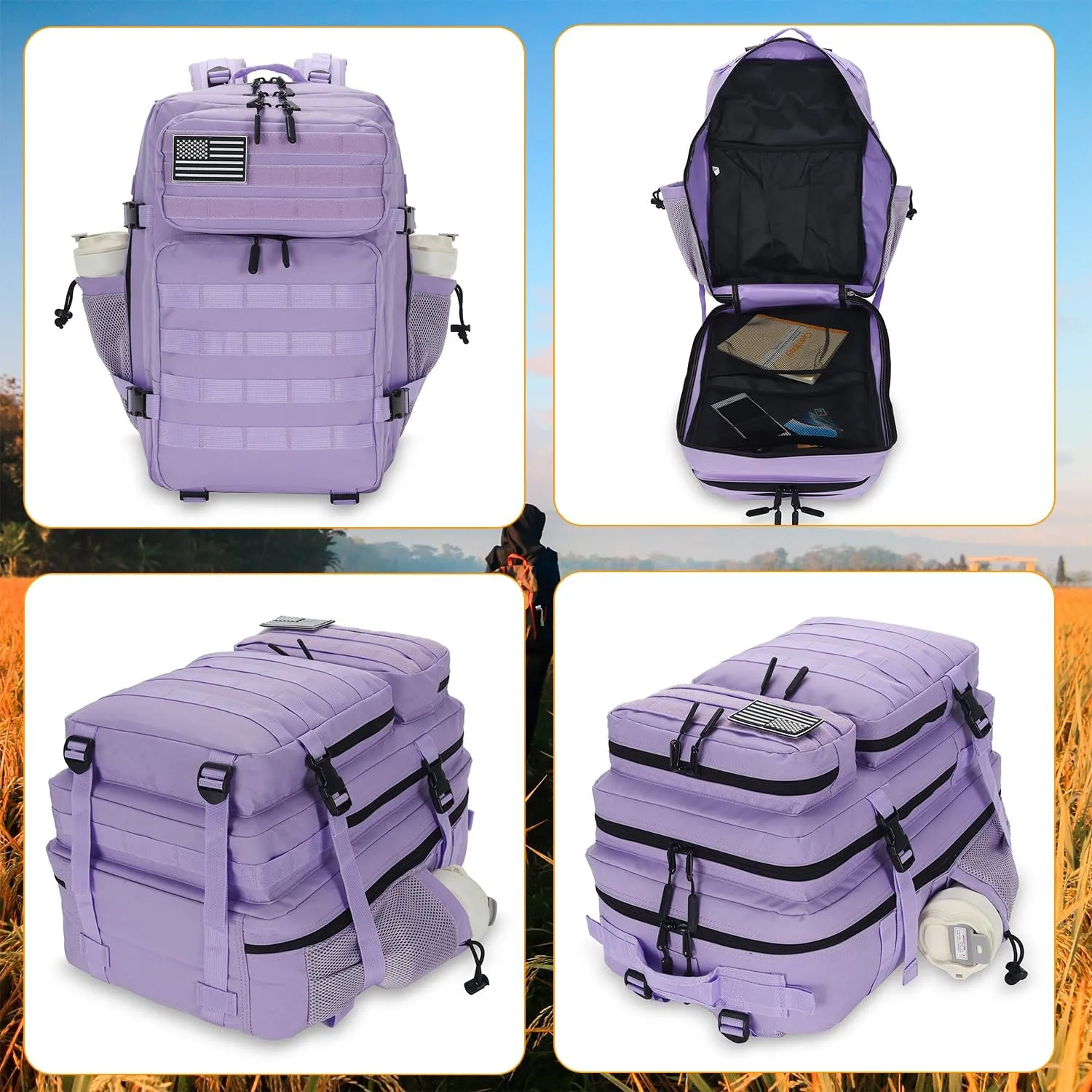 25L Tactical Backpack for Men Women Military Backpack Army Assault Pack Molle Backpack Small Bug Out Bag Travel Rucksack Daypack (Light Purple)